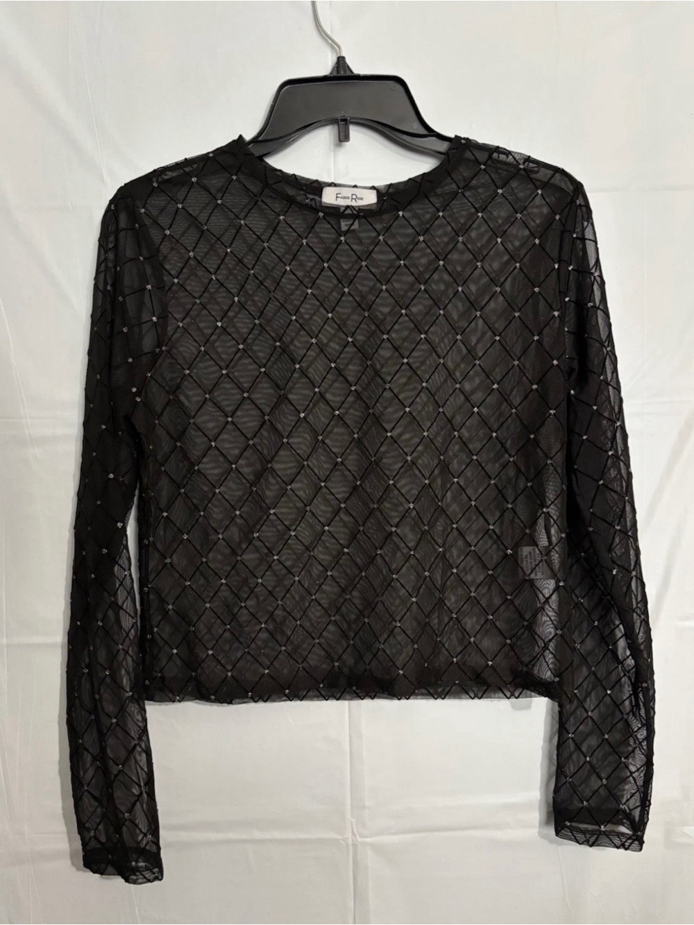 Faded Rose Black Beaded Diamond Mesh Long Sleeve Tee Top